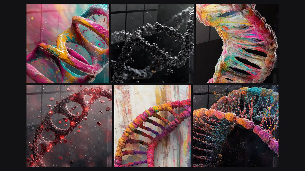 Mosaik aus sechs Gemälden, darunter Farbiges DNA-Helixbild und Abstrakte DNA-Helix-Leinwand