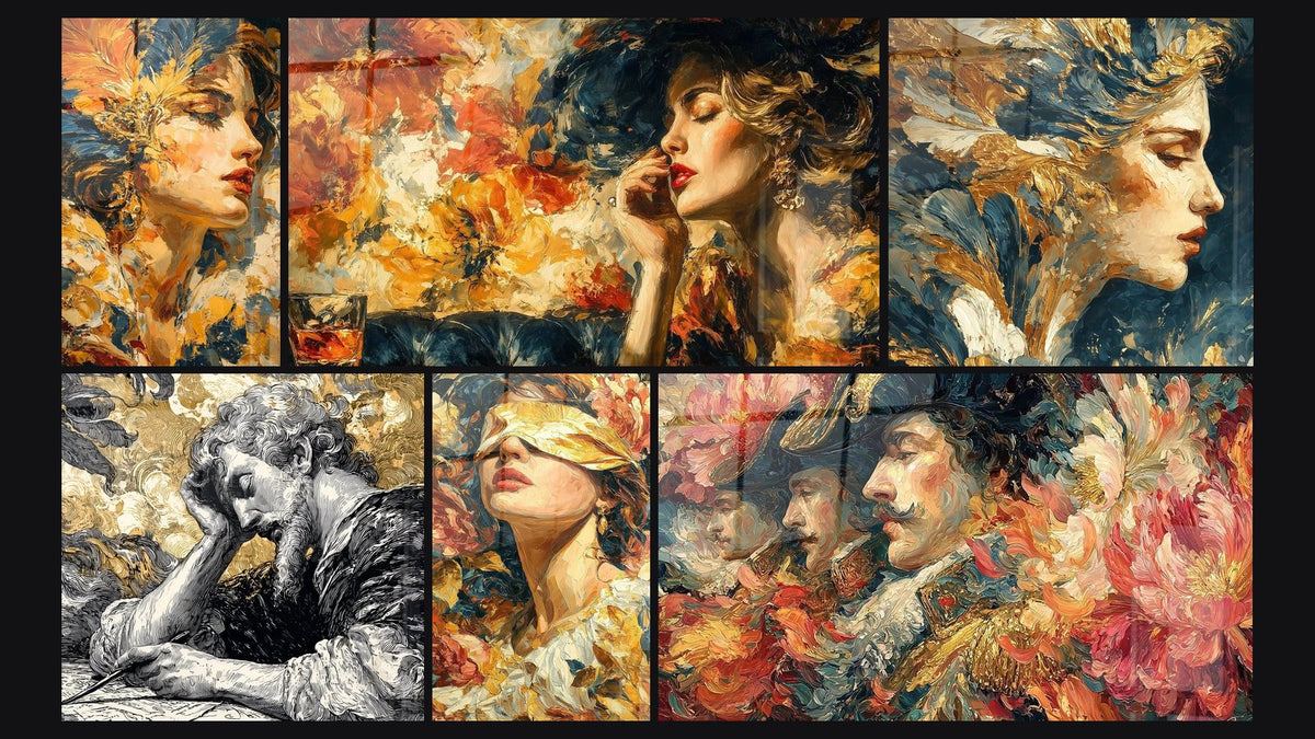 Mosaïque de six tableaux, dont Femme Parure Dorée, Femme Lèvres Écarlates et Ange Clair Obscur