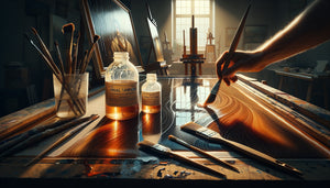Application de vernis sur peinture à l'huile dans atelier d'artiste avec flacons de vernis final et à retoucher