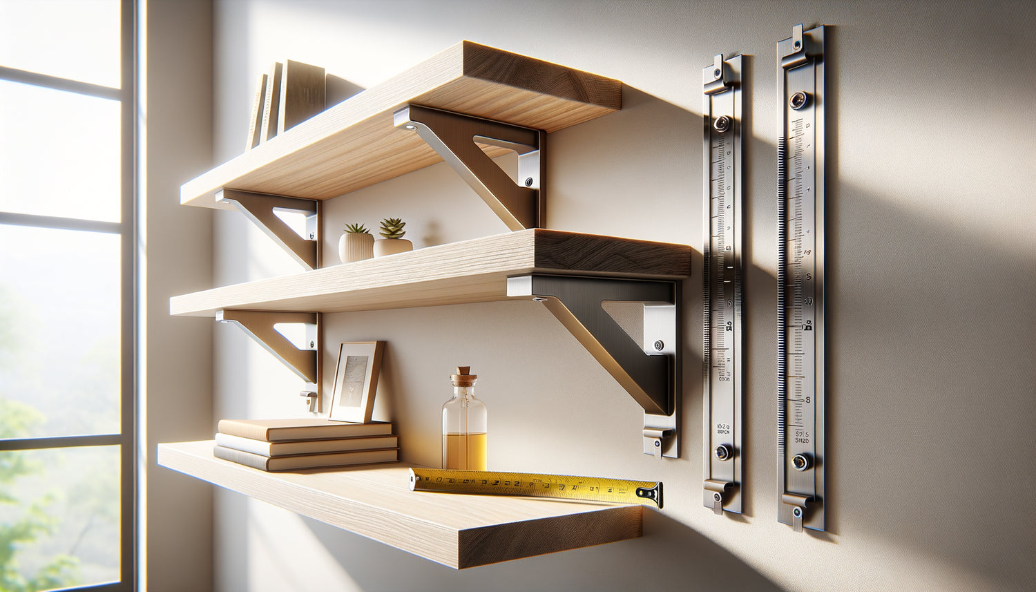 Équerres d'angle métalliques fixées au mur supportant une bibliothèque d'exposition avec livres et objets décoratifs