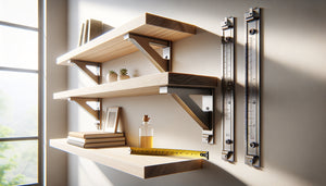 Équerres d'angle métalliques fixées au mur supportant une bibliothèque d'exposition avec livres et objets décoratifs