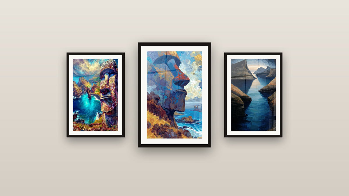 Parete galleria con tre quadri incorniciati: Profil maschile, Moaï Isola di Pasqua e Fjord scandinavo di