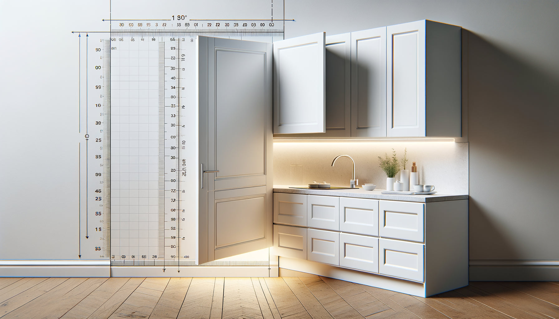 Porte de placard haut moderne en cours d'ouverture montrant l'espace de dégagement nécessaire par rapport au mur adjacent