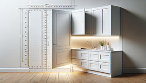 Porte de placard haut moderne en cours d'ouverture montrant l'espace de dégagement nécessaire par rapport au mur adjacent