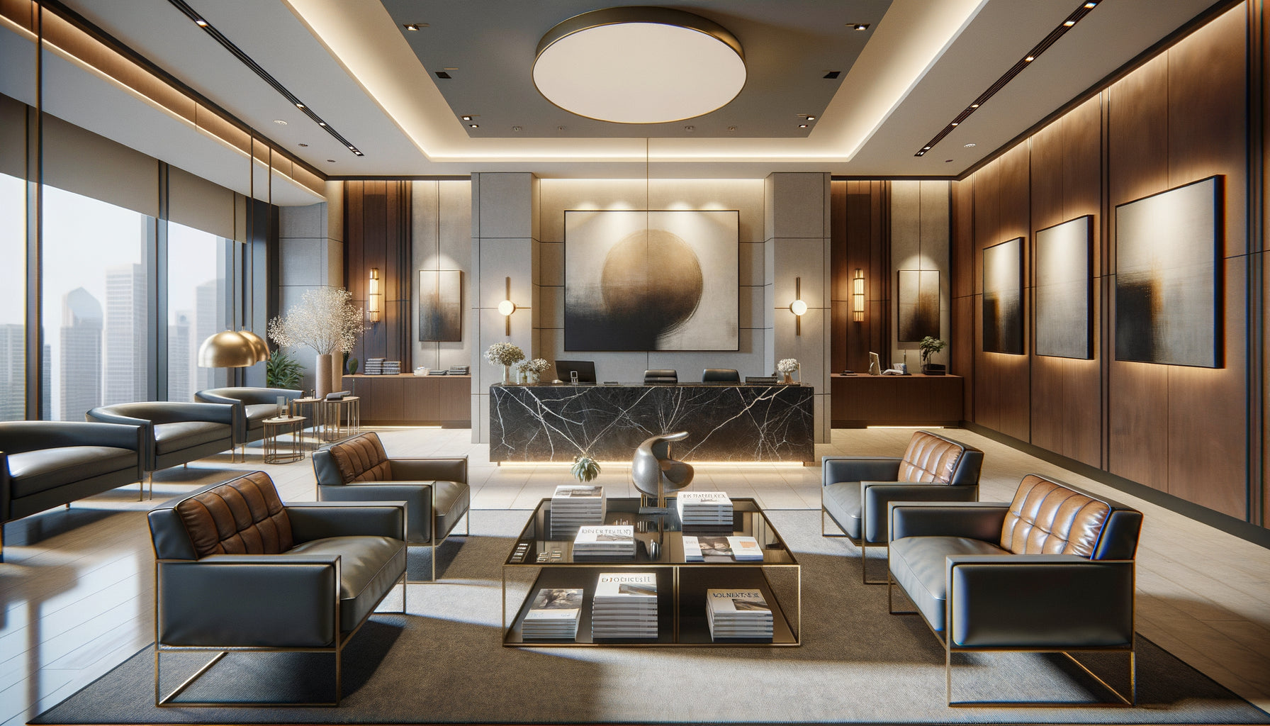 Espace d'accueil élégant de cabinet juridique 15m² avec tableau aux proportions adaptées sur mur principal