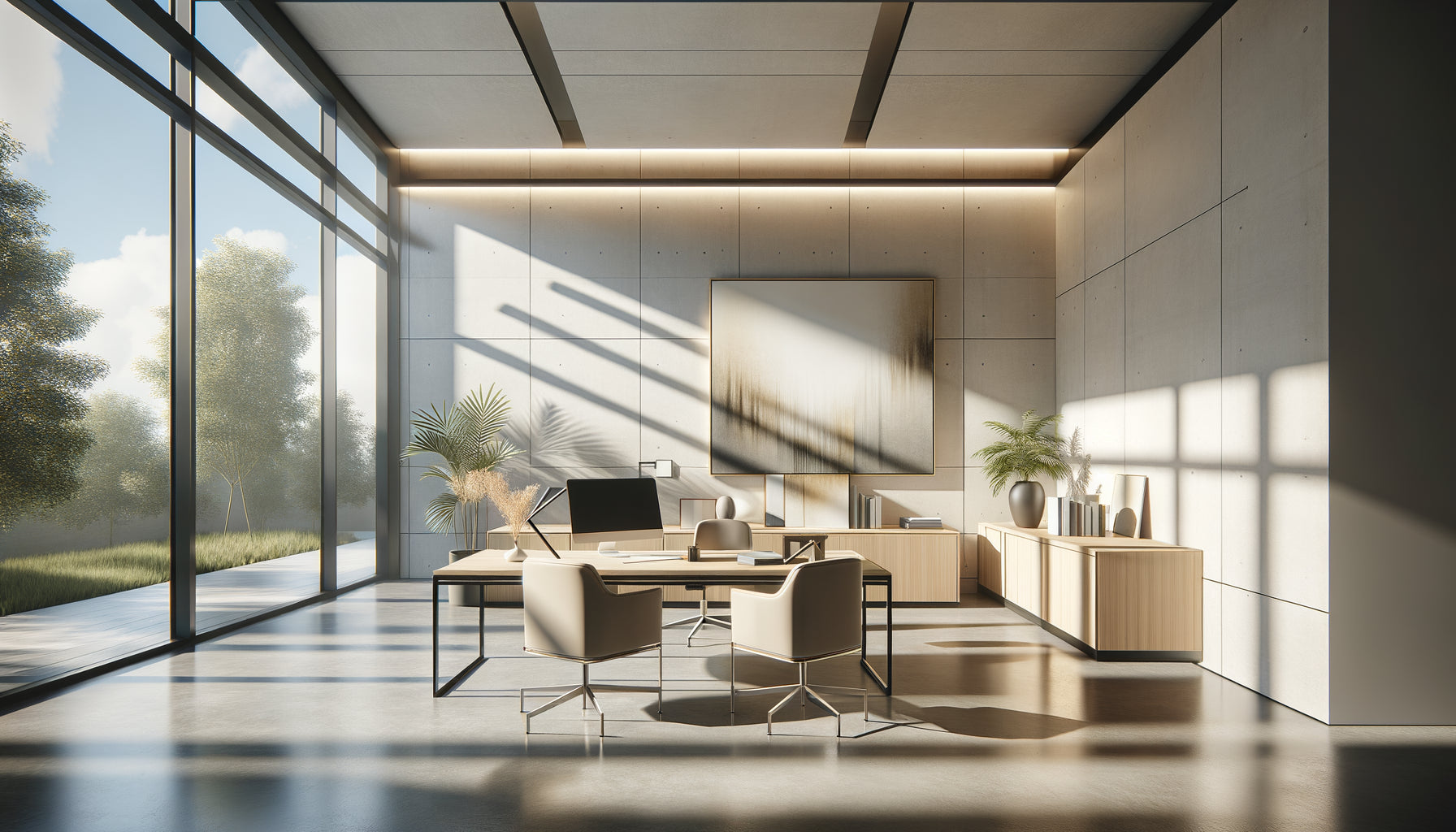 Bureau moderne 40m² avec tableau de grande dimension 100x80cm créant un fort impact visuel sur le mur
