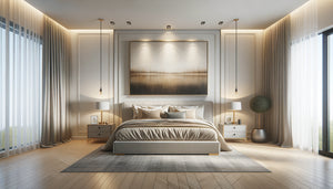 Chambre parentale moderne avec tableau aux dimensions idéales au-dessus du lit