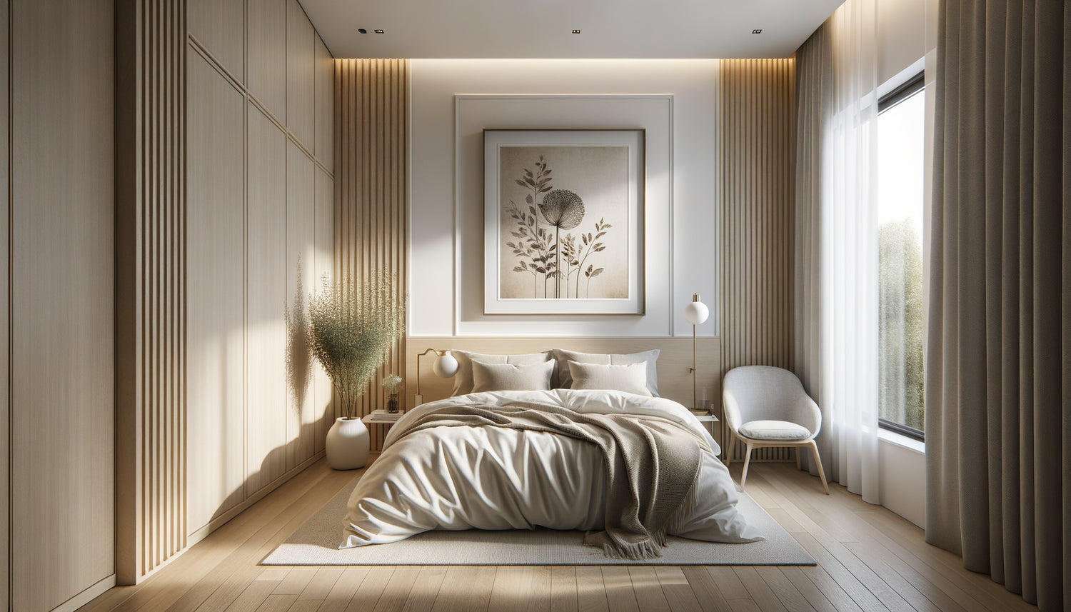 Petite chambre contemporaine 8m² avec tableau 50x70 cm parfaitement proportionné au-dessus du lit, démonstration d'équilibre visuel optimal