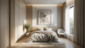 Petite chambre contemporaine 8m² avec tableau 50x70 cm parfaitement proportionné au-dessus du lit, démonstration d'équilibre visuel optimal