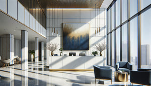 Réception juridique moderne avec tableau aux proportions idéales sur mur principal, décoration professionnelle élégante