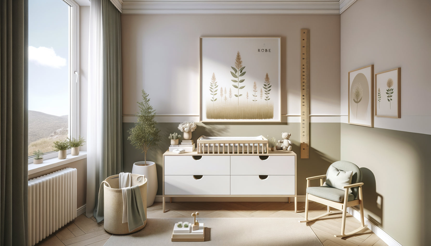 Chambre de bébé moderne avec tableau aux dimensions idéales au-dessus d'une table à langer blanche