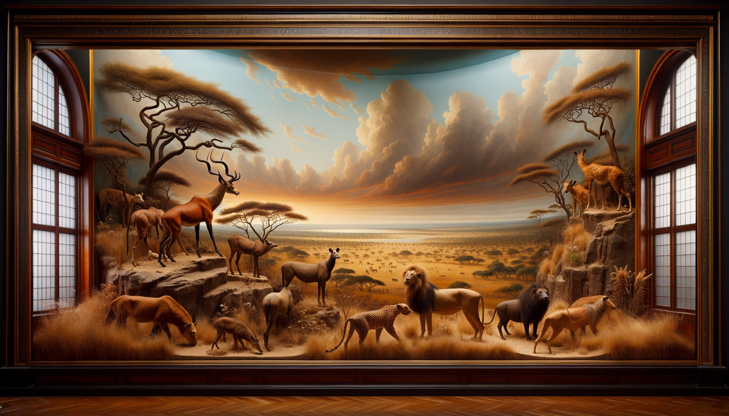 Diorama animalier victorien du 19ème siècle utilisant la perspective forcée pour créer une illusion de profondeur infinie
