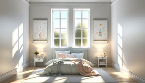 Chambre d'enfant contemporaine avec diptyque 2x40x60cm encadrant fenêtre, lumière naturelle, décoration symétrique apaisante