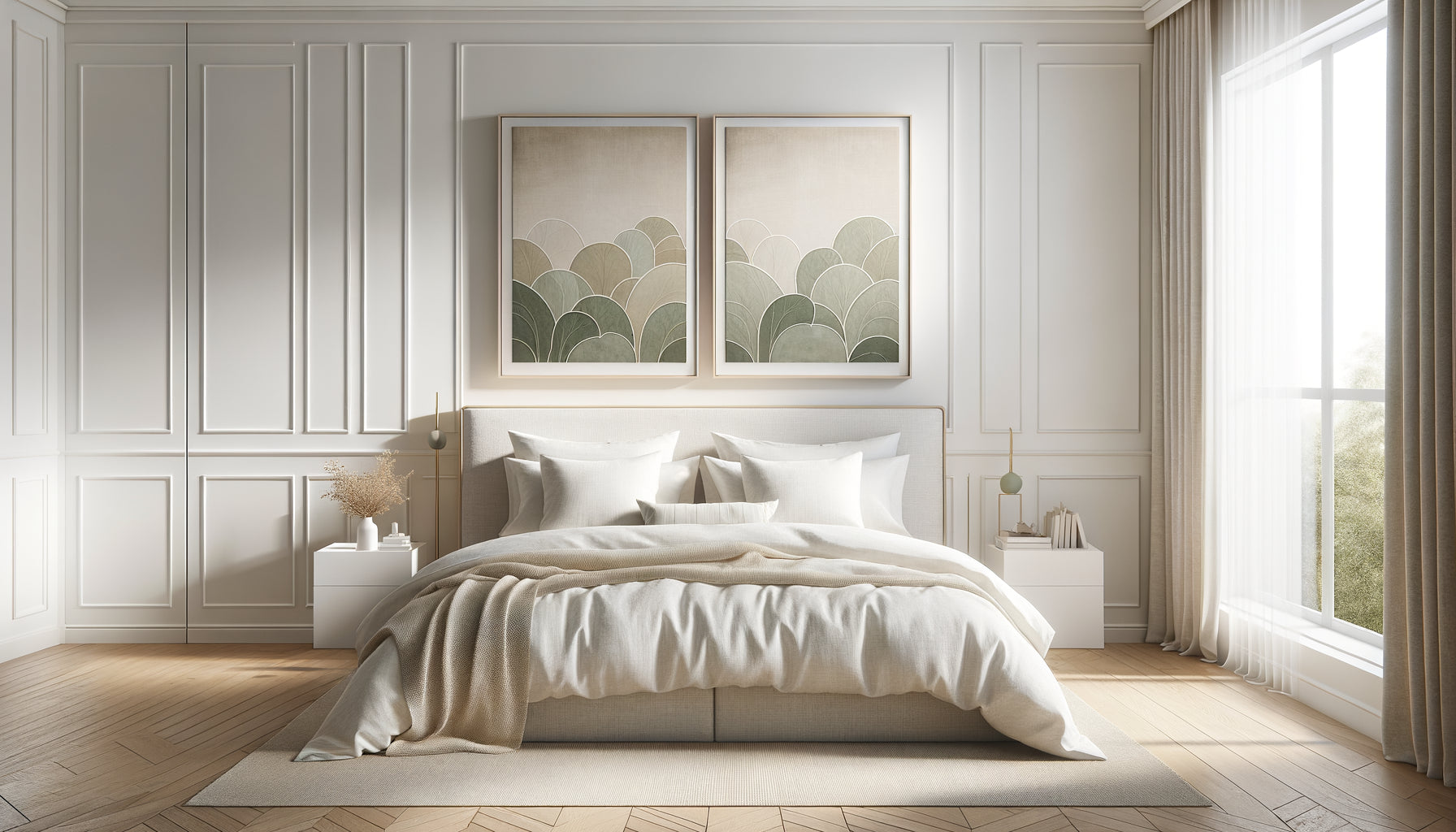 Diptyque décoratif parfaitement centré et espacé au-dessus d'une tête de lit moderne et épurée