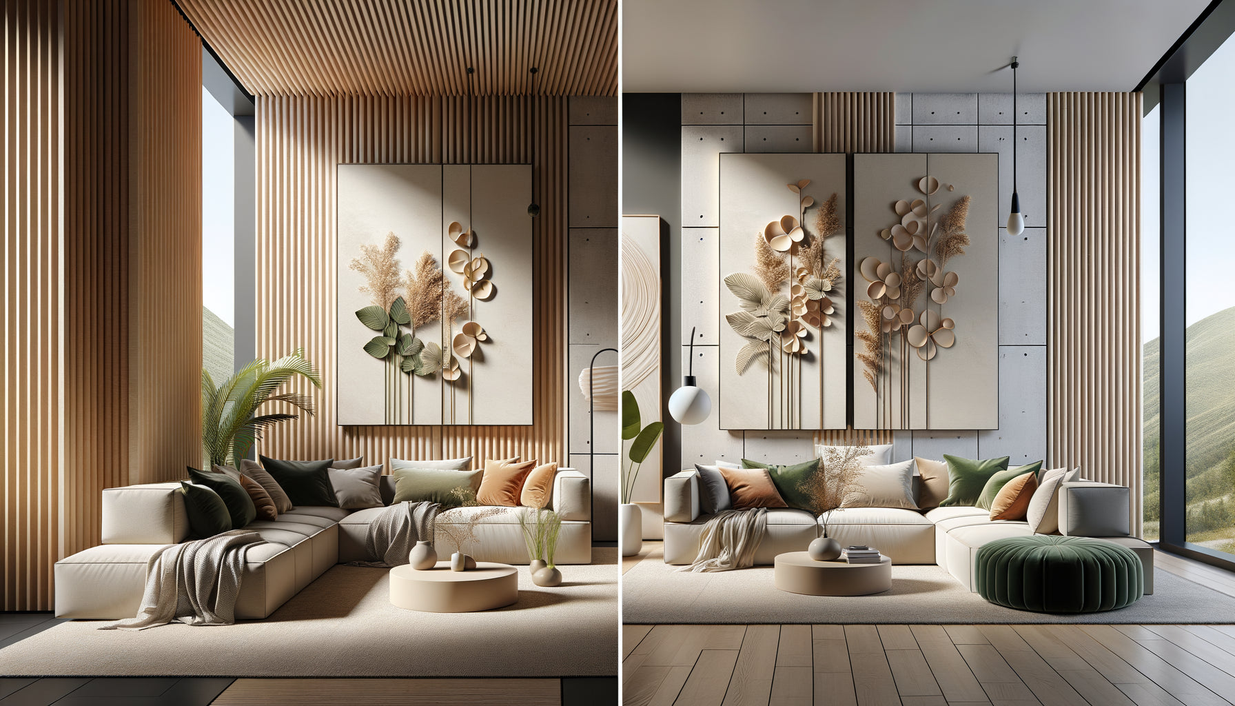 Diptyque modulaire d'art botanique montrant différentes configurations possibles dans un intérieur contemporain minimaliste
