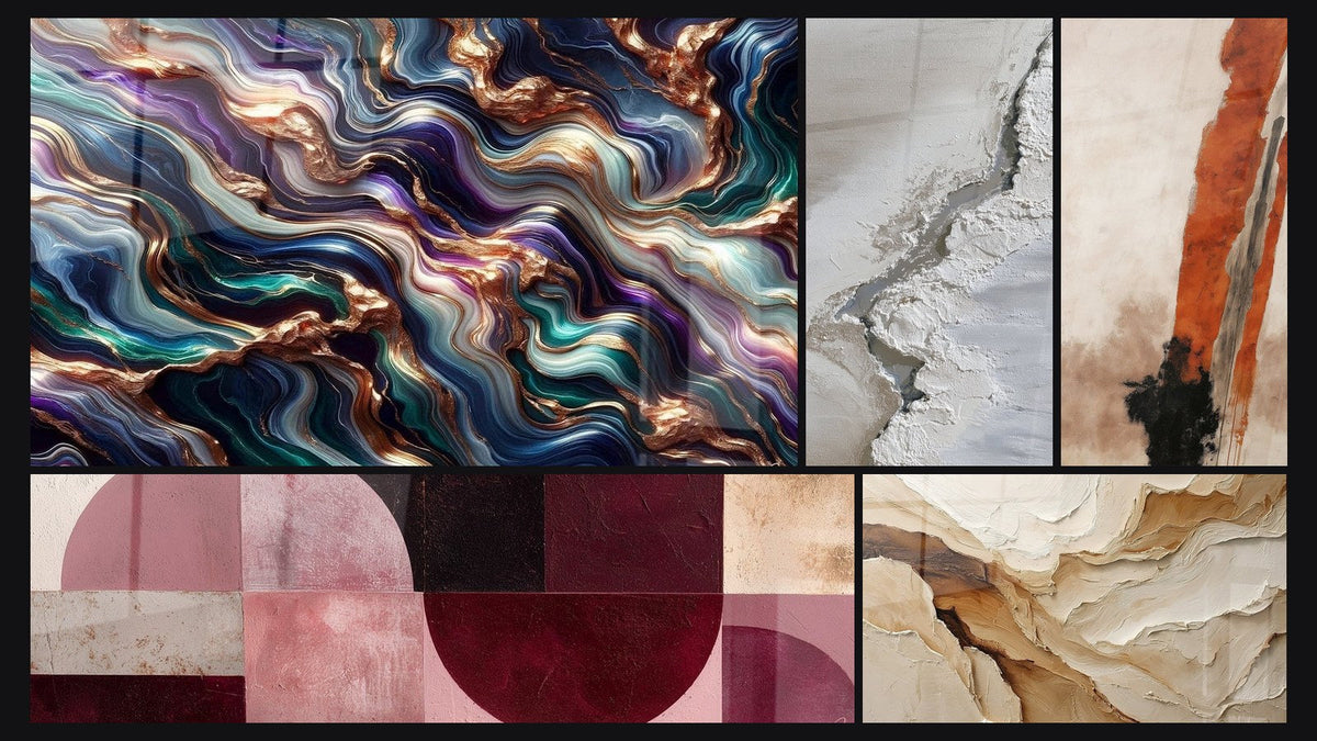 Mosaico di cinque quadri, tra cui Serenata Minerale, Astratto Texture Bianche e Grigie Crepite e Astratto Beige e Terra