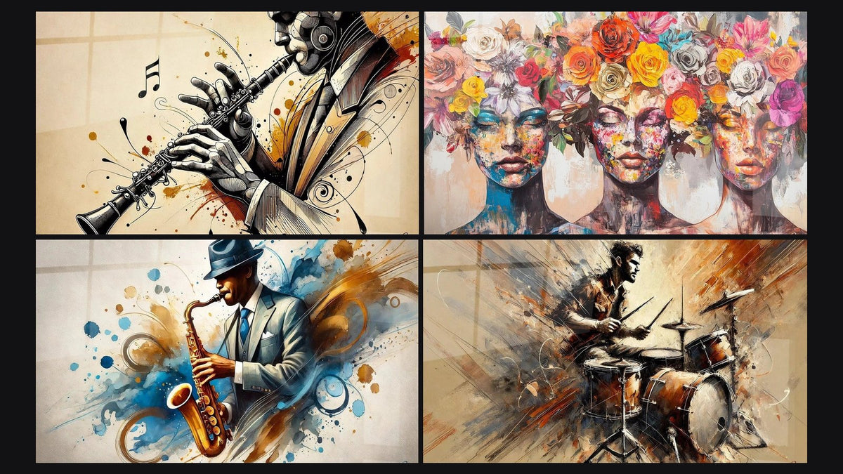 Mosaico di quattro quadri, tra cui Clarinetto N°1, Le Muse Fiorite e Batteria N°2