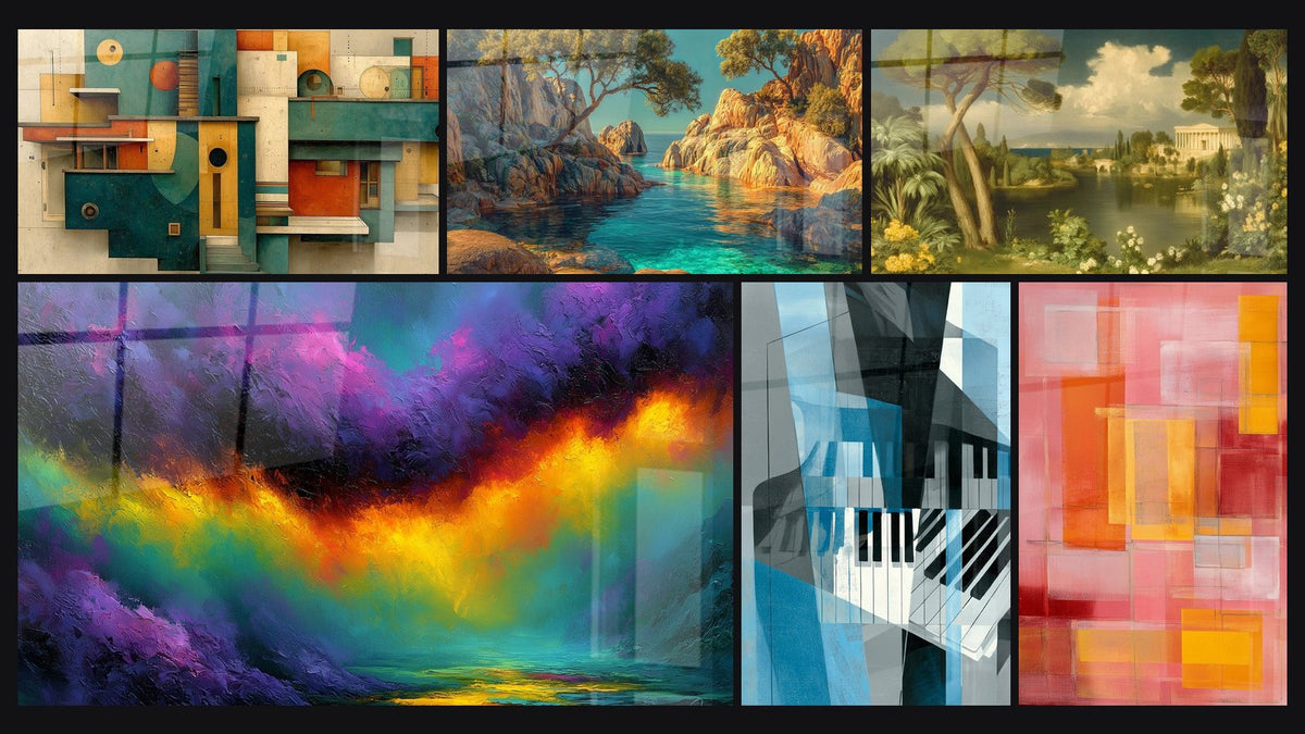 Mosaïque de six tableaux, dont Diagonale dorée entre violet et turquoise, Crique méditerranéenne et Arcadie Vision Idéale
