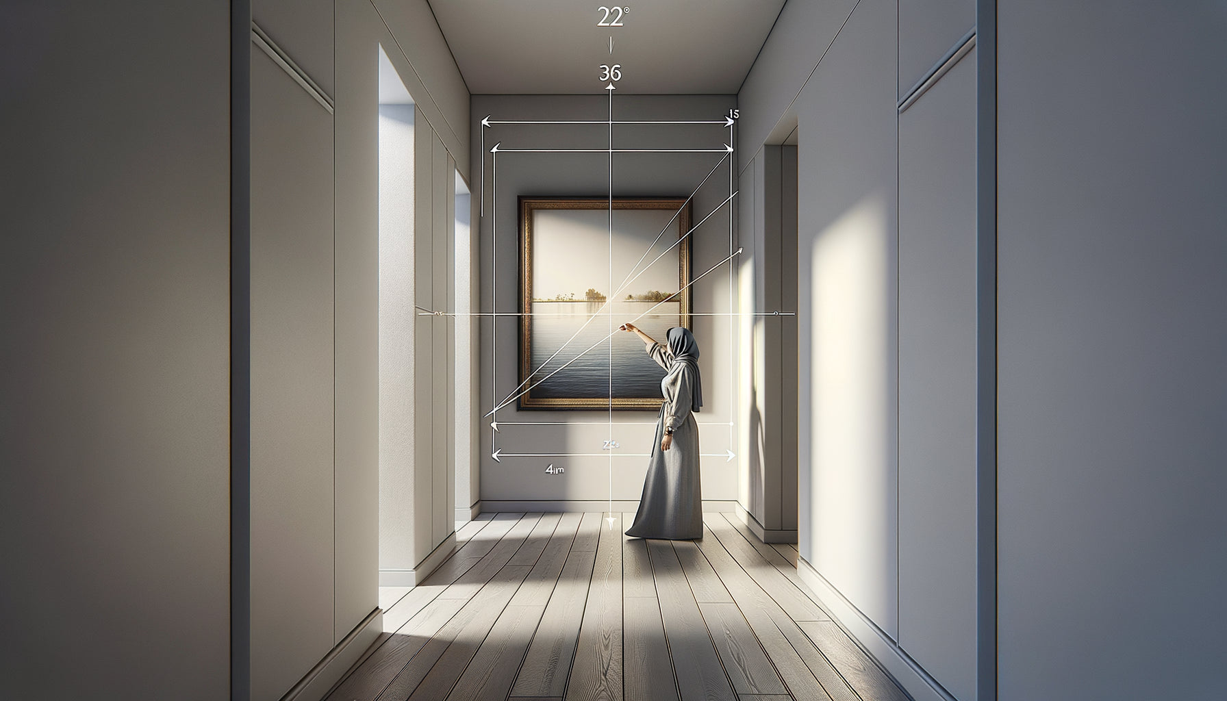 Personne mesurant la distance idéale pour observer un tableau accroché dans un couloir étroit résidentiel