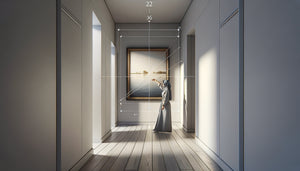 Personne mesurant la distance idéale pour observer un tableau accroché dans un couloir étroit résidentiel