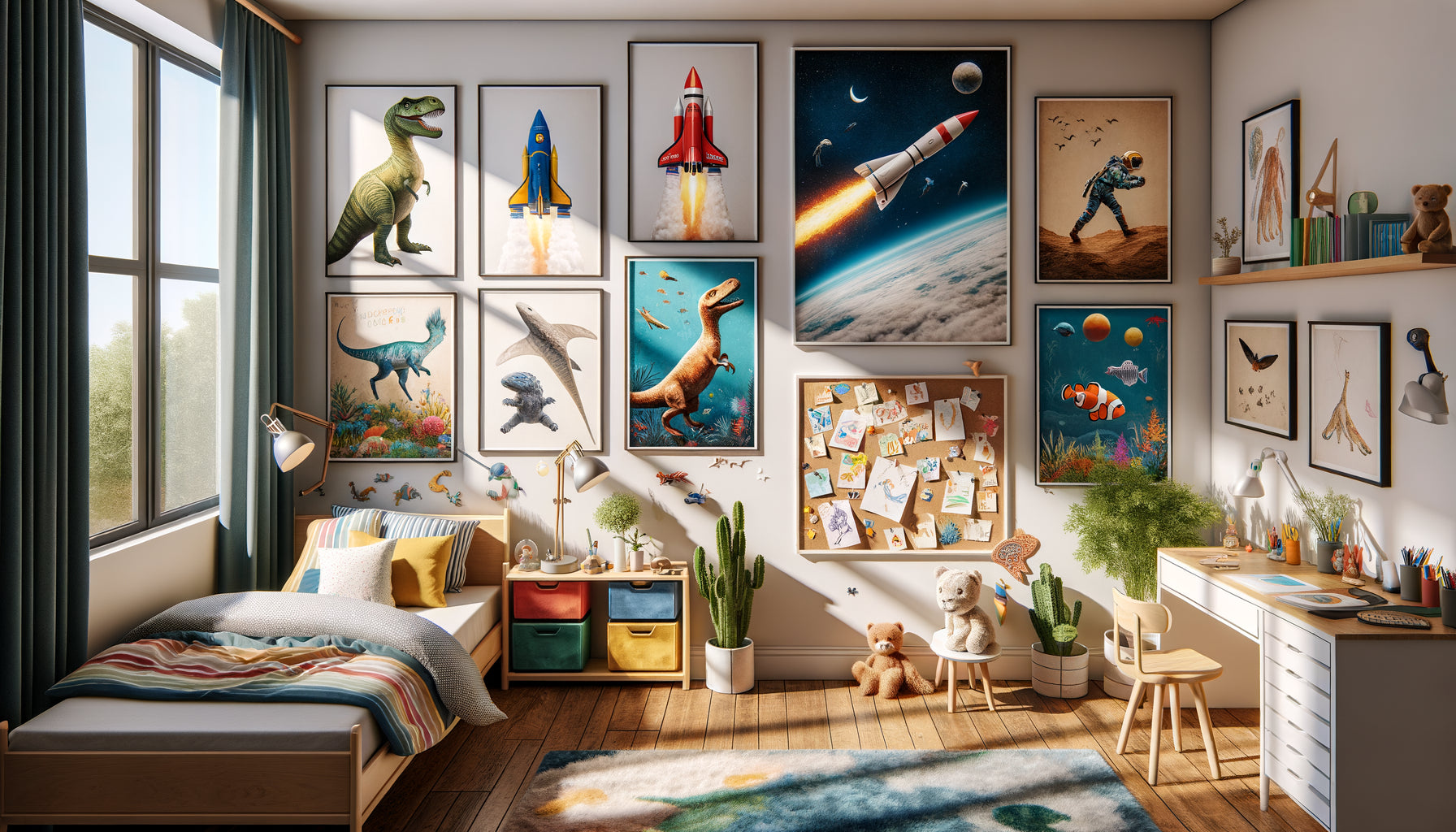 Chambre d'enfant contemporaine montrant diversité décorative : dinosaures, espace, océan et dessins variés cohabitant harmonieusement