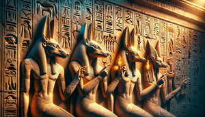 Relief mural égyptien antique montrant des divinités hybrides à têtes animales gravées dans la pierre avec hiéroglyphes et pigments d'époque