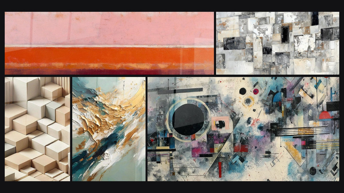 Mosaic of five paintings, including Abstract Mosaic Wall Art Grey and Beige, Minimalism Sculpted and Golden Flux and Reflux