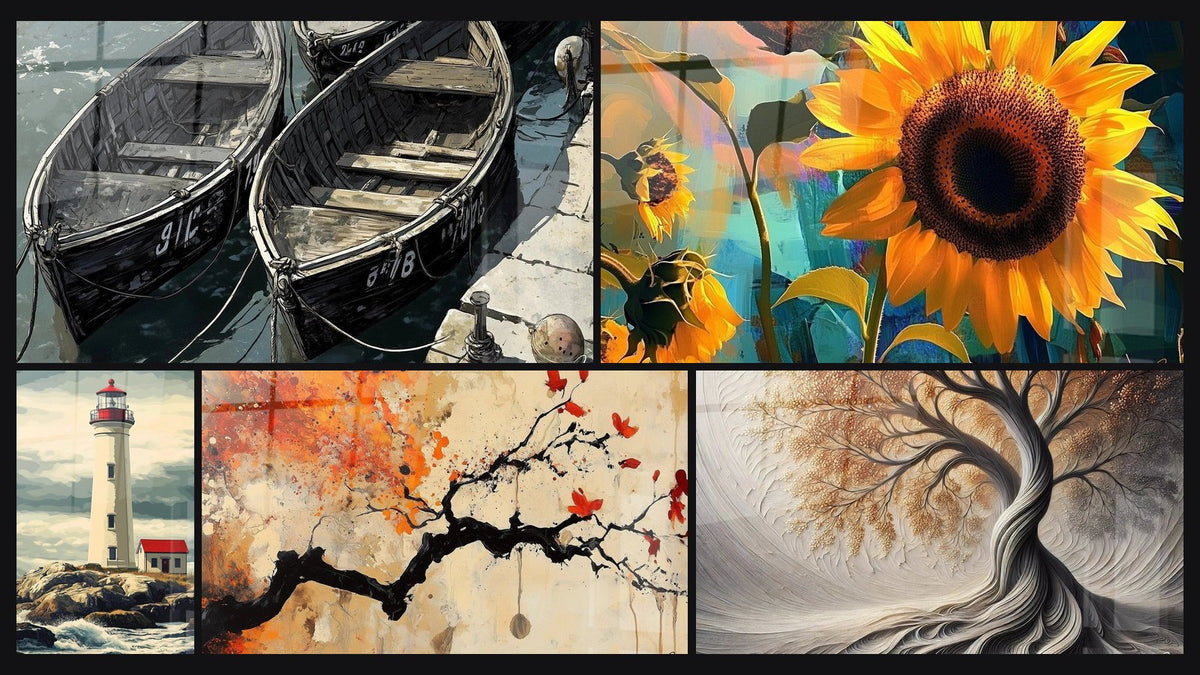 Mosaic of five paintings, including Terracotta Wall Art No.4, Sunflower Wall Art No. 1 and Breath of Earth