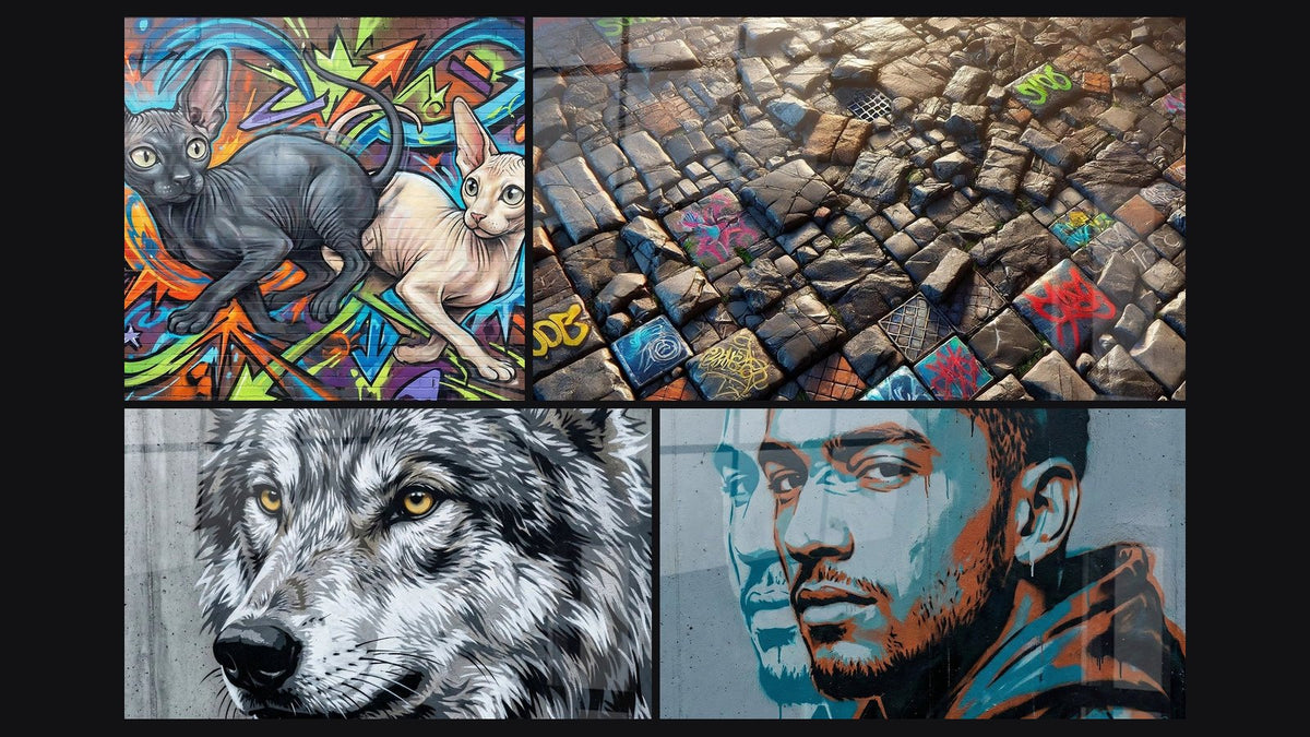 Mosaico di quattro quadri, tra cui I Colori dei Sampietrini e Ritratto maschile con toni blu e arancioni