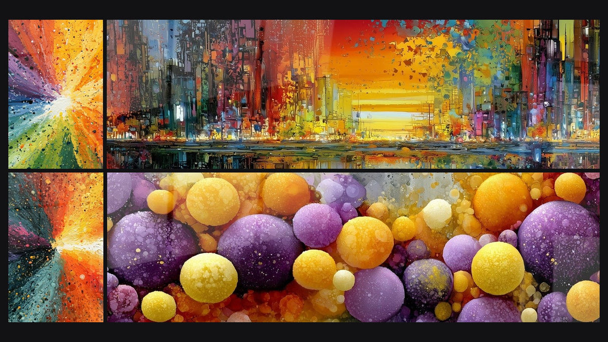 Mosaik aus vier Gemälden, darunter Leuchtende Explosion in Orange und Grün und Explosionen in Orange und Taubenblau