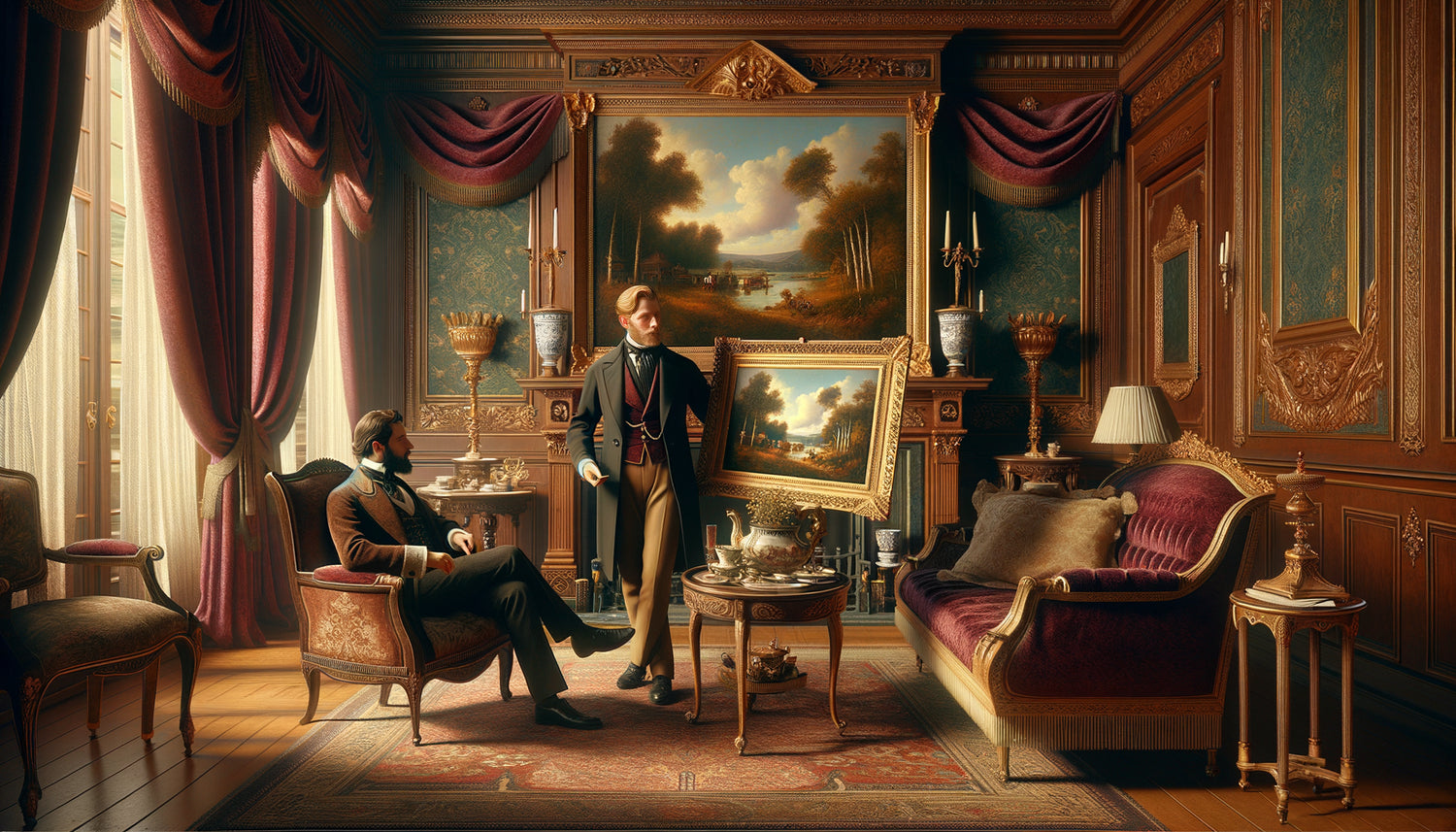 Scène d'intérieur bourgeois années 1870, gentleman offrant un tableau de l'école de Barbizon lors d'une visite formelle