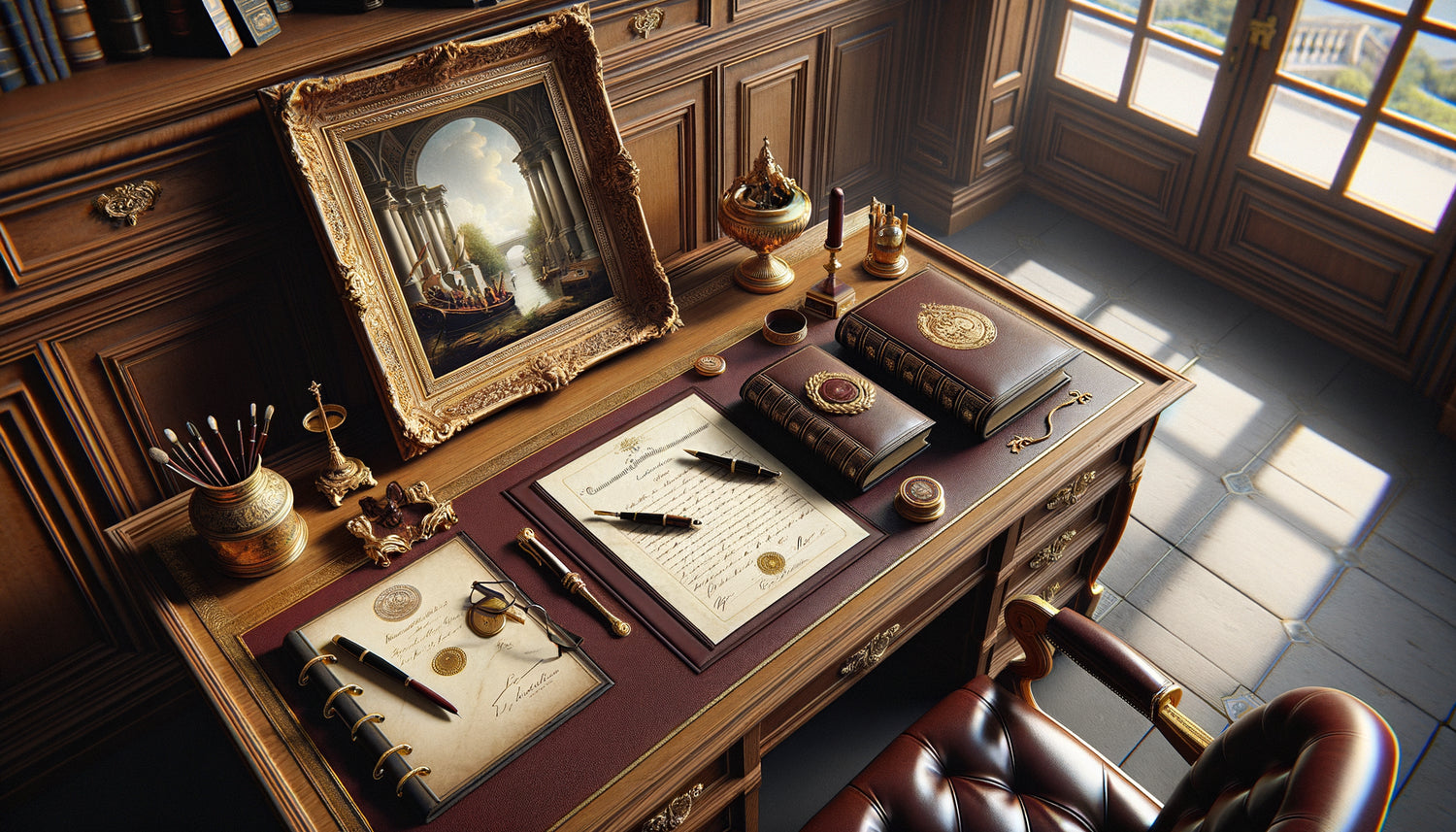 Bureau de notaire avec tableau ancien encadré et documents officiels de donation, symbolisant la transmission patrimoniale d'œuvres d'art