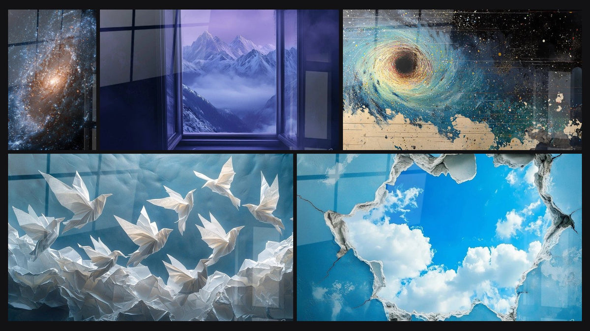 Mosaïque de cinq tableaux, dont Galaxie Spirale, Montagne Rêve d'altitude et Trou noir cosmique