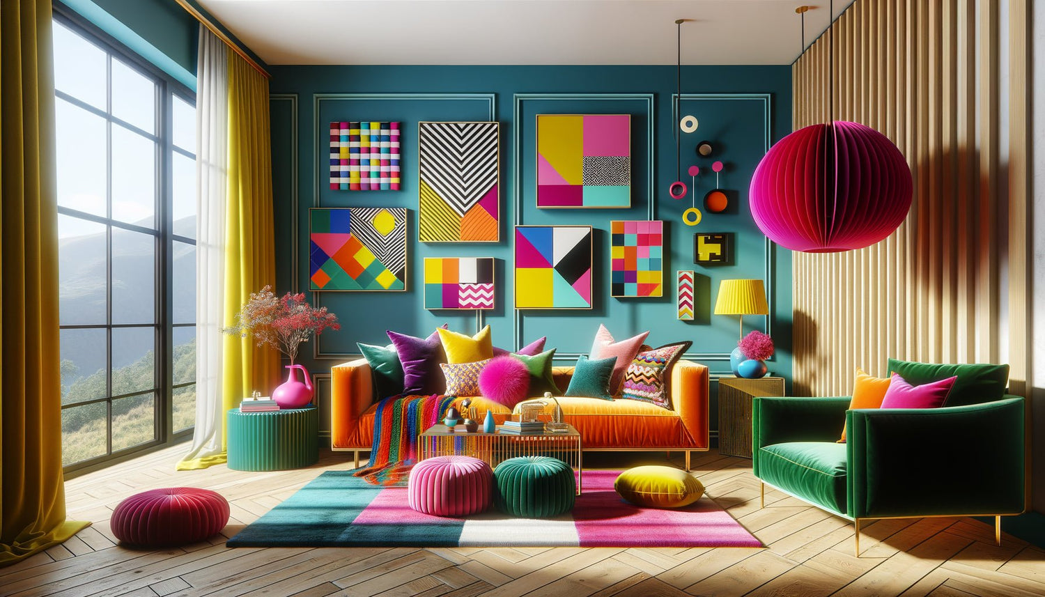 Intérieur moderne aux couleurs éclatantes illustrant la tendance Dopamine Decor automne 2025 avec murs bleu vif, canapé orange néon et accessoires multicolores