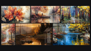 Mosaïque de six tableaux, dont Feuille d'érable Perles d'Eau, Paysage Eaux Tranquilles et Paysage Banc Solitaire