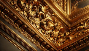 Détail photographique de dorure à la feuille d'or sur encadrement mural baroque de bibliothèque palatiale du XVIIIe siècle