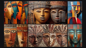Mozaïek van zes schilderijen, waaronder Afrikaanse Maskers Abstract en Ancestrale Afrikaanse Maskers