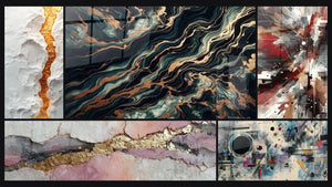 Mozaïek van vijf schilderijen, waaronder Goudstroomtabel, Explosief Dynamisch Geluid en Abstract geometrische compositie