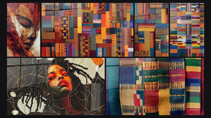 Mozaïek van zes schilderijen, waaronder Mozaïek van Afrikaanse stoffen en Patchwork textiel
