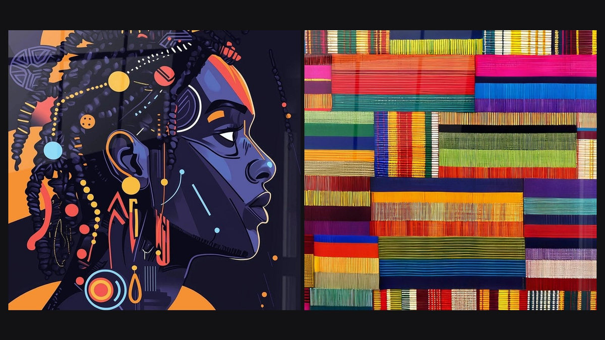 Deux tableaux côte à côte : Femme Africaine tisseuse de rêves et Patchwork textile