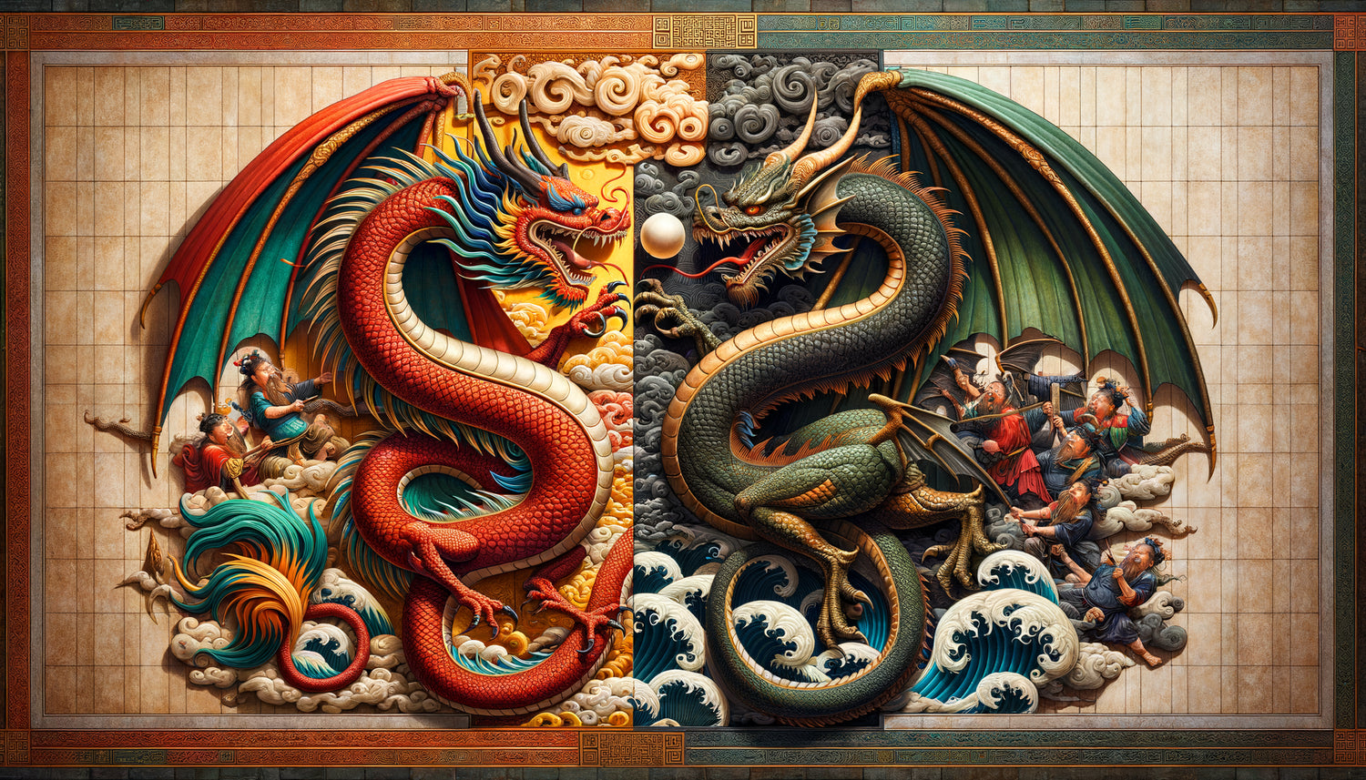 Comparaison visuelle d'un dragon chinois impérial serpentin et d'un dragon européen médiéval ailé dans leurs styles artistiques traditionnels respectifs