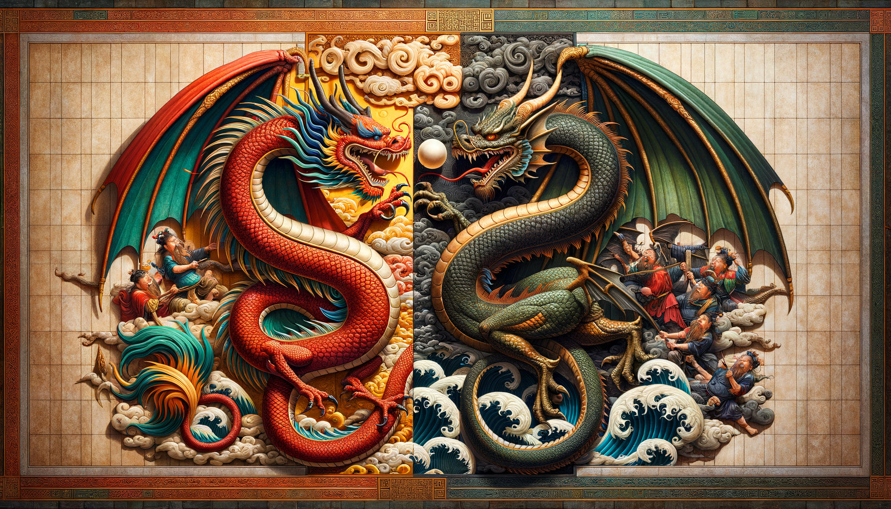 Comparaison visuelle d'un dragon chinois impérial serpentin et d'un dragon européen médiéval ailé dans leurs styles artistiques traditionnels respectifs
