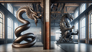 Loft industriel contemporain avec dragon oriental sinueux et dragon occidental médiéval, opposition esthétique dans architecture brute