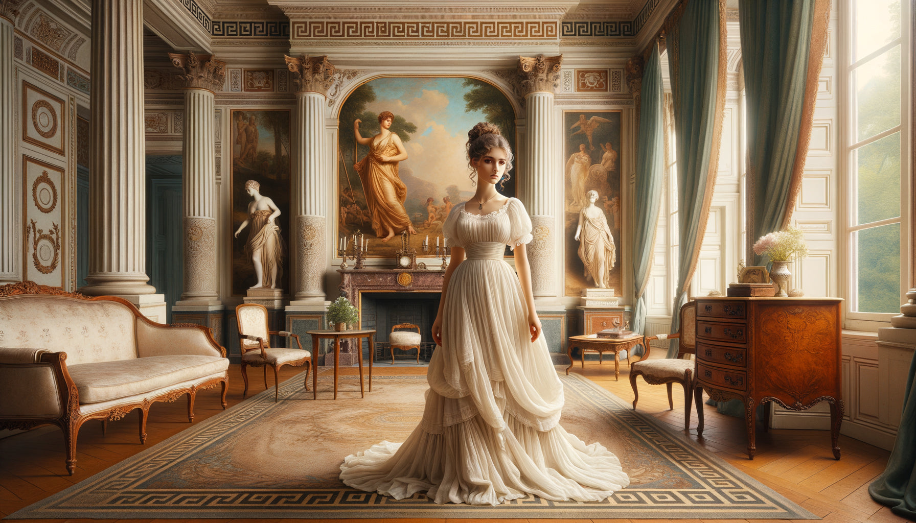 Intérieur Directoire 1797 avec robe à drapés néoclassiques inspirée des fresques de Pompéi en arrière-plan