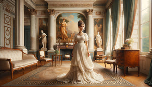 Intérieur Directoire 1797 avec robe à drapés néoclassiques inspirée des fresques de Pompéi en arrière-plan