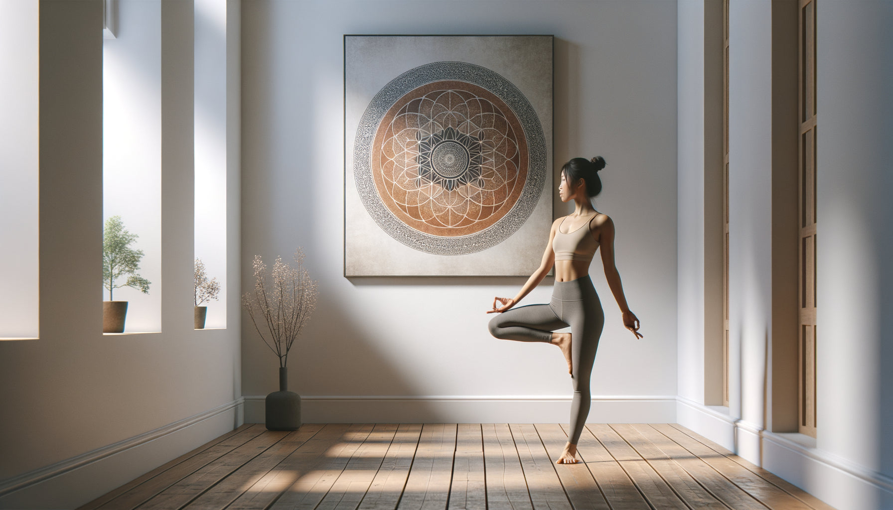 Pratiquante de yoga en posture d'équilibre fixant un tableau mandala comme point de focalisation drishti
