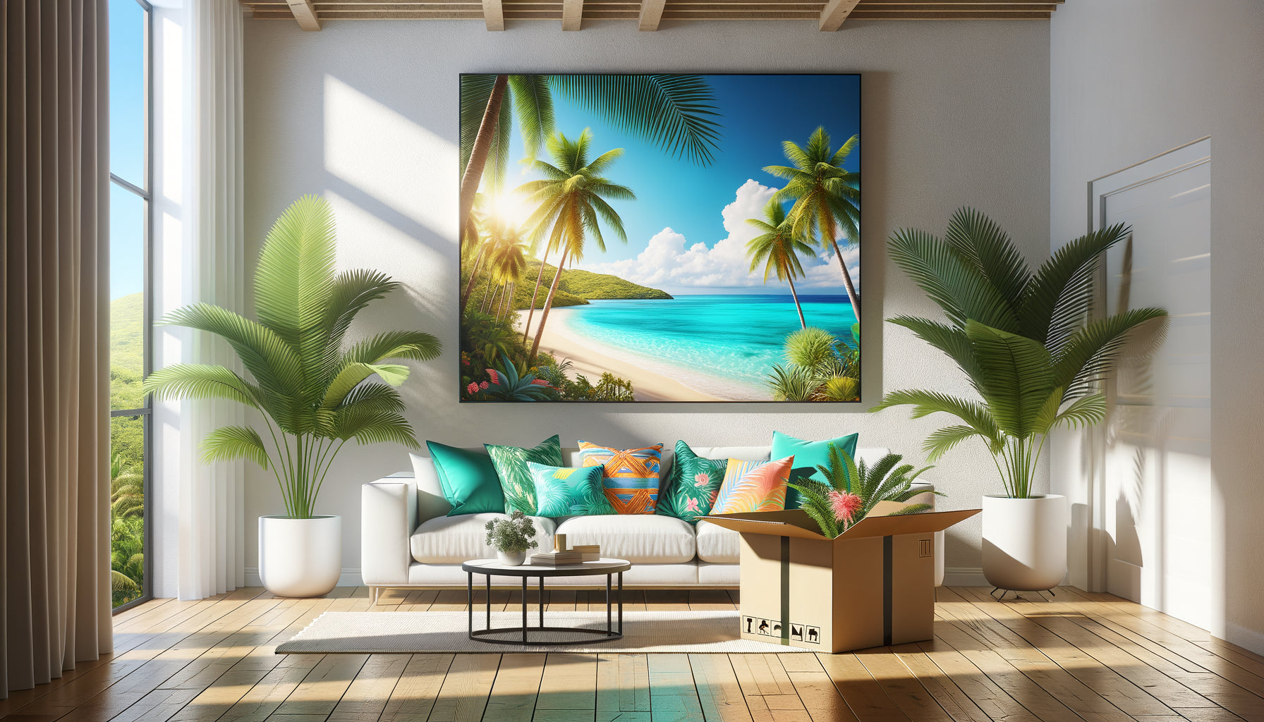 Intérieur tropical moderne DOM-TOM avec tableau mural décoratif livré en dropshipping, vue océan caribéen