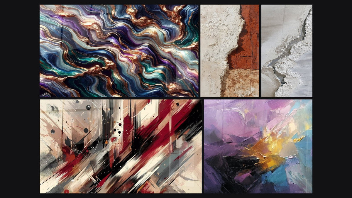 Mosaico de cinco cuadros, entre ellos Serenata Mineral, Turbulencia Artística y Explosión de colores abstracta