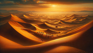 Peinture orientaliste du XIXe siècle représentant les dunes dorées du Sahara avec caravane, style académique romantique
