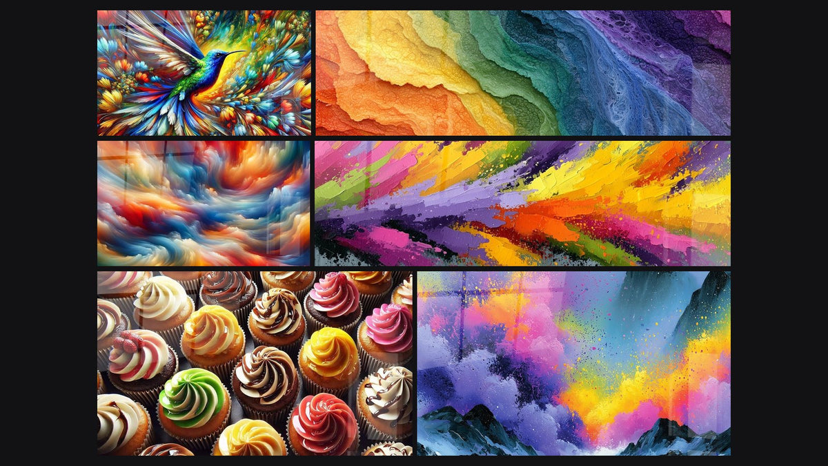 Mosaïque de six tableaux, dont Symphonie des Couleurs en Fusion, Vagues texturées orange et bleu et Gourmandises Colorées